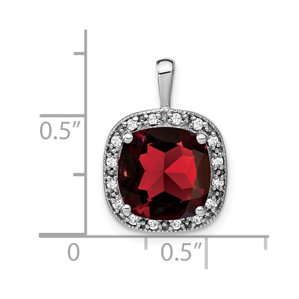 14k White Gold Cushion Garnet and Real Diamond Pendant