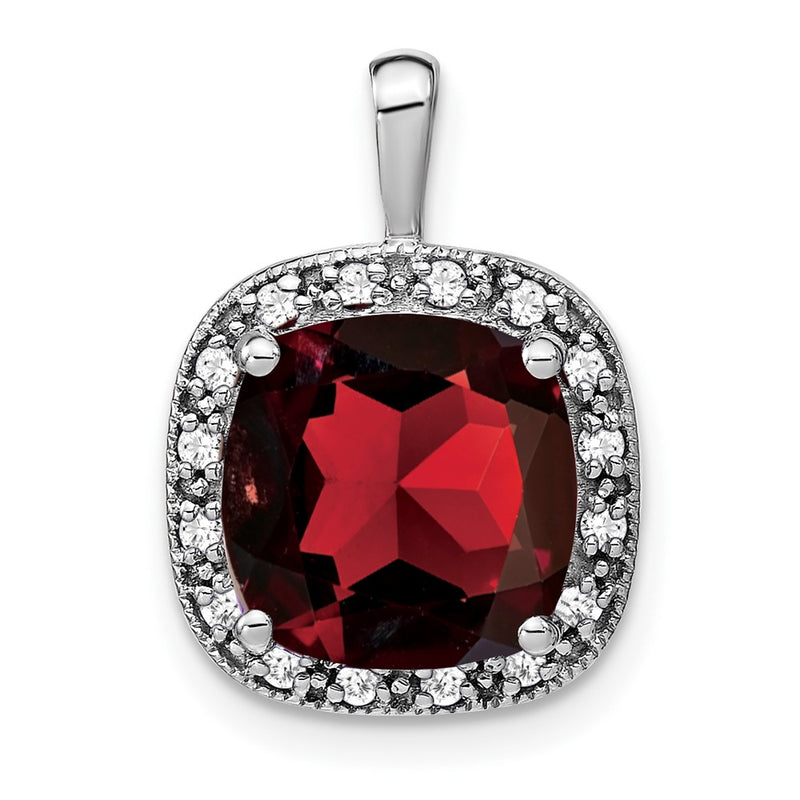 14k White Gold Cushion Garnet and Real Diamond Pendant