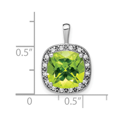 14k White Gold Cushion Peridot and Real Diamond Pendant