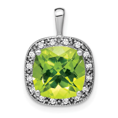 14k White Gold Cushion Peridot and Real Diamond Pendant