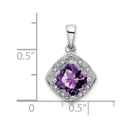 14K White Gold Cushion Amethyst and Real Diamond Pendant