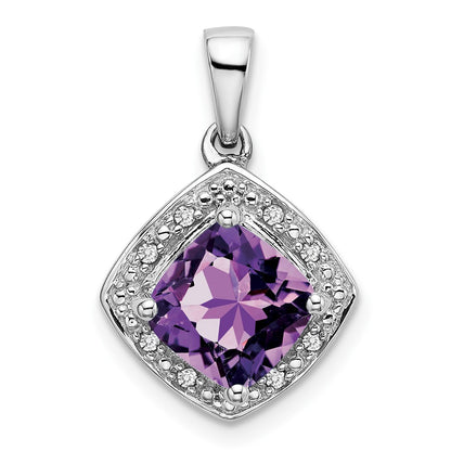 14K White Gold Cushion Amethyst and Real Diamond Pendant