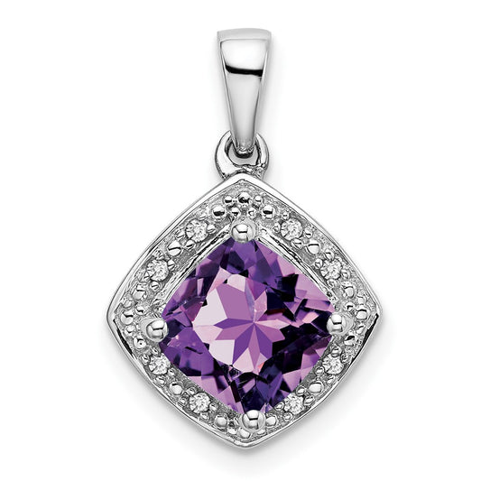 14K White Gold Cushion Amethyst and Real Diamond Pendant