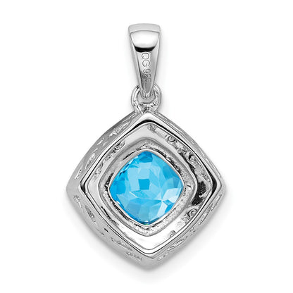 Solid 14k White Gold Cushion Simulated Blue Topaz and CZ Pendant