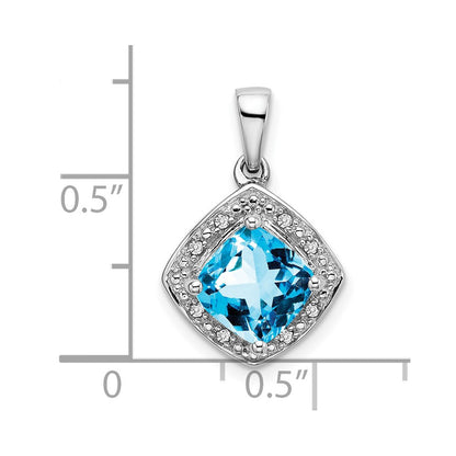 14k White Gold Cushion Blue Topaz and Real Diamond Pendant