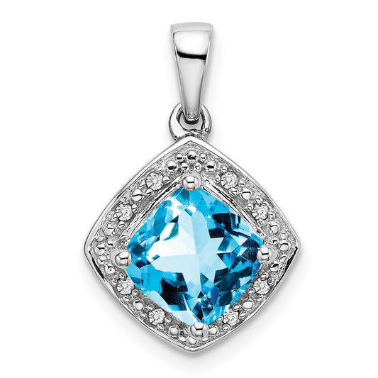 Solid 14k White Gold Cushion Simulated Blue Topaz and CZ Pendant