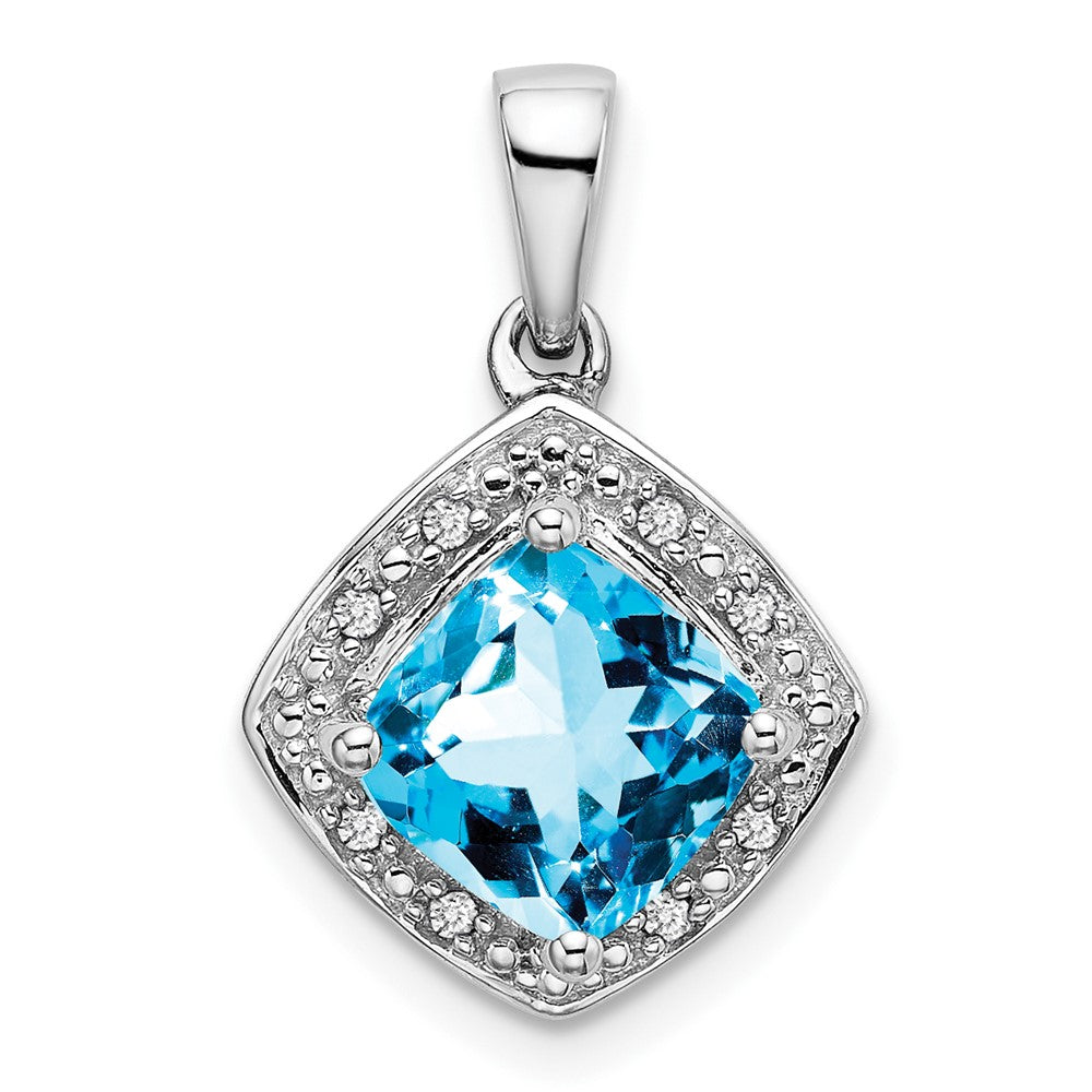 14k White Gold Cushion Blue Topaz and Real Diamond Pendant