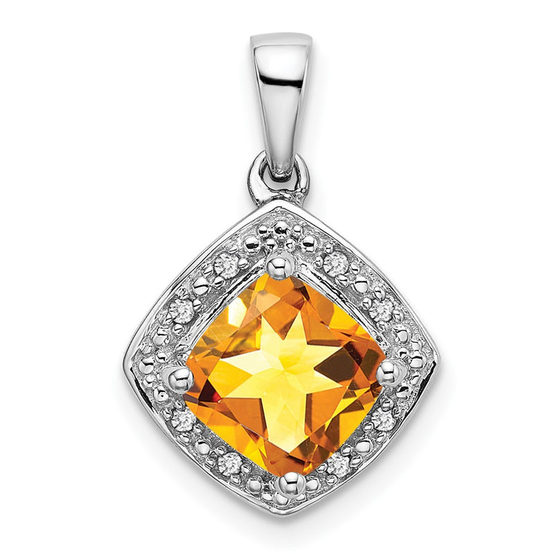 14K White Gold Cushion Citrine and Real Diamond Pendant