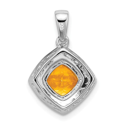 14k White Gold Cushion Citrine and Real Diamond Pendant