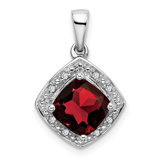 14K White Gold Cushion Garnet and Real Diamond Pendant
