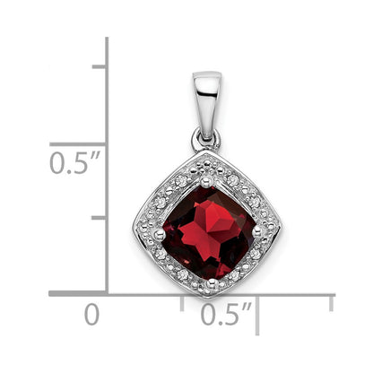 14k White Gold Cushion Garnet and Real Diamond Pendant