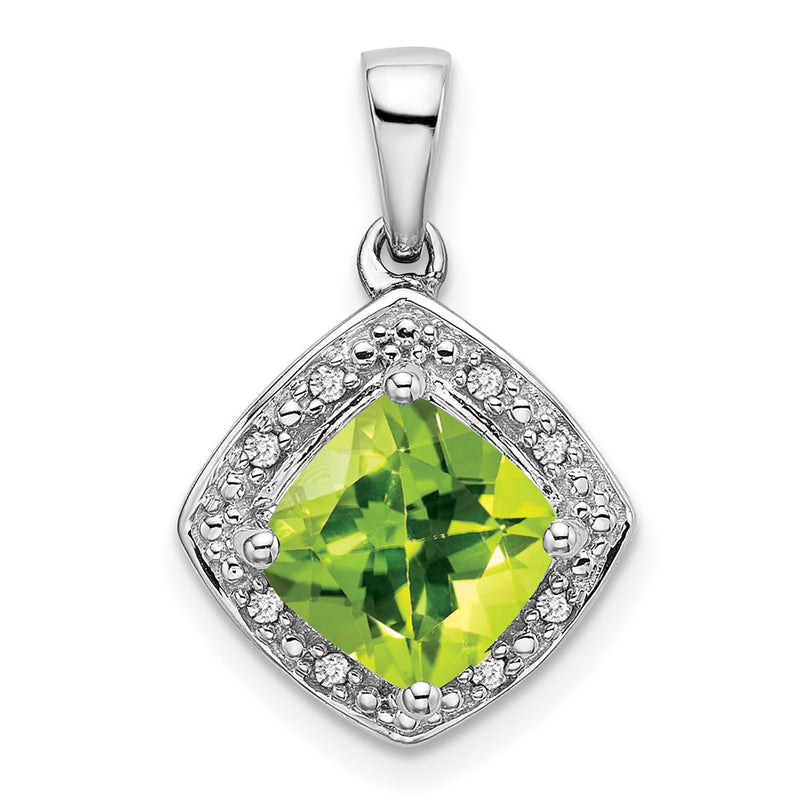 14K White Gold Cushion Peridot and Real Diamond Pendant
