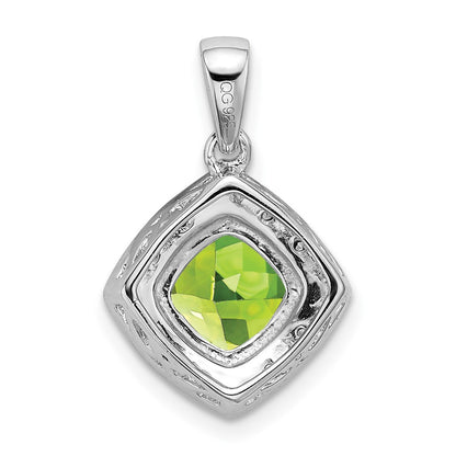 14k White Gold Cushion Peridot and Real Diamond Pendant