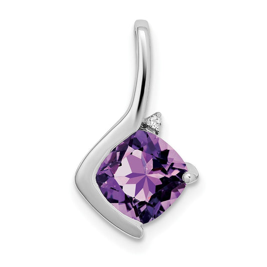 14k White Gold Cushion Amethyst and Real Diamond Pendant