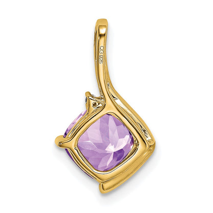 14K Yellow Gold Cushion Amethyst and Real Diamond Pendant