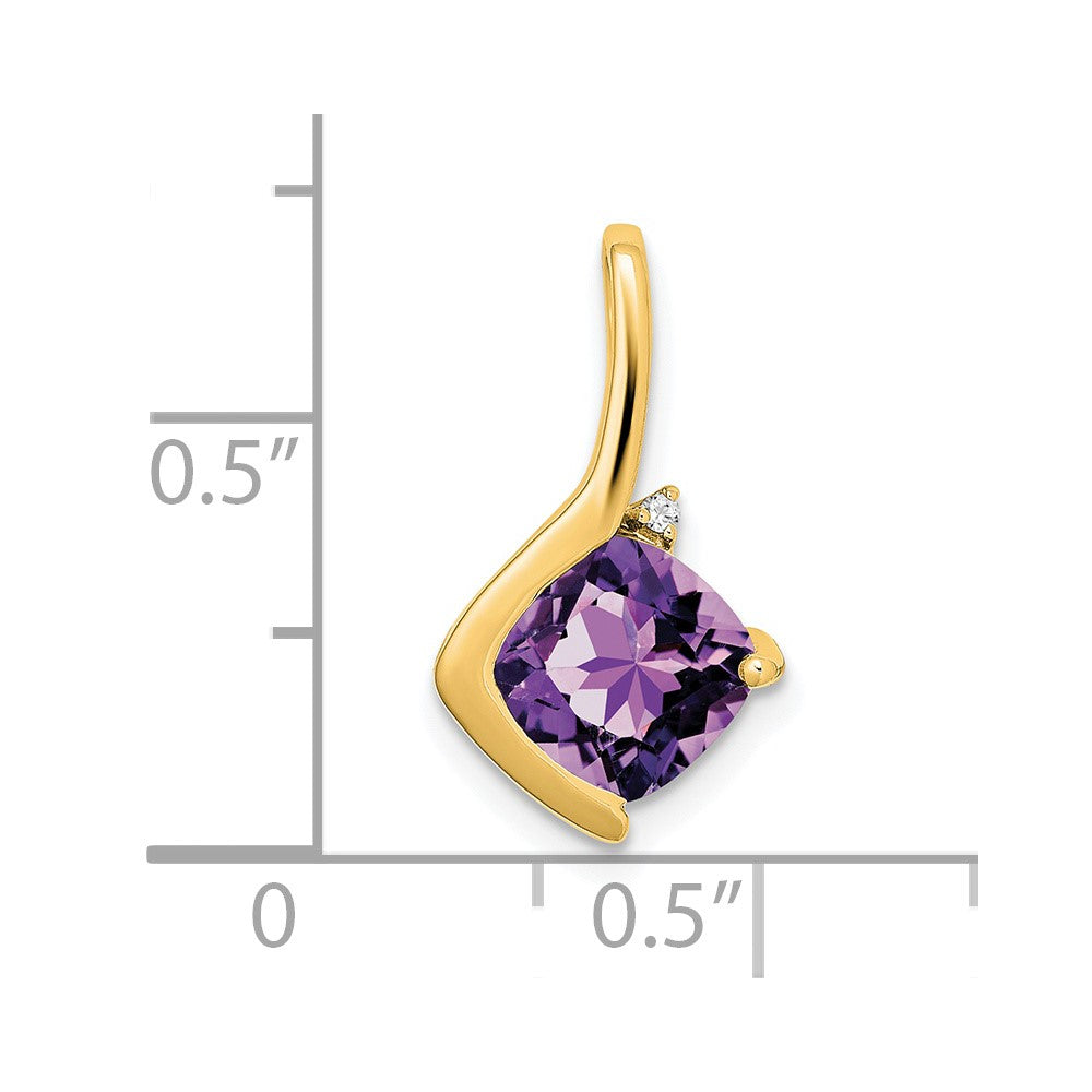 14K Yellow Gold Cushion Amethyst and Real Diamond Pendant