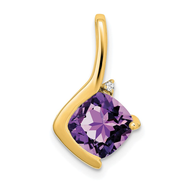 14K Yellow Gold Cushion Amethyst and Real Diamond Pendant