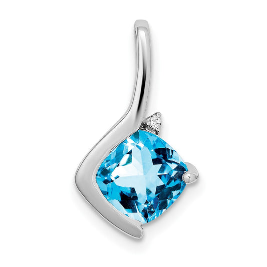 14k White Gold Cushion Blue Topaz and Real Diamond Pendant