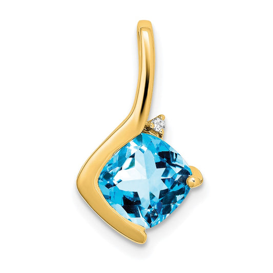 14K Yellow Gold Cushion Blue Topaz and Real Diamond Pendant