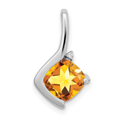 14k White Gold Cushion Citrine and Real Diamond Pendant