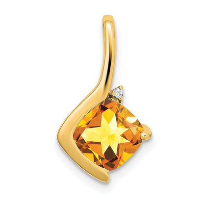 14K Yellow Gold Cushion Citrine and Real Diamond Pendant