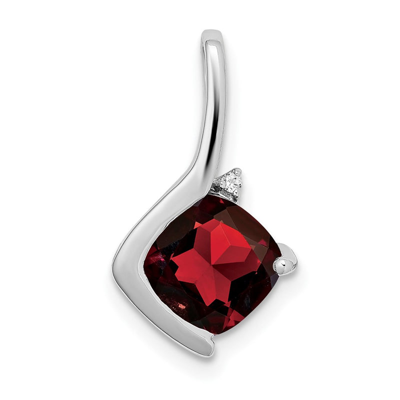 14k White Gold Cushion Garnet and Real Diamond Pendant
