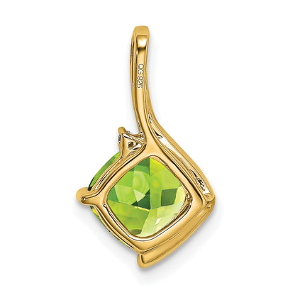 14K Yellow Gold Cushion Peridot and Real Diamond Pendant