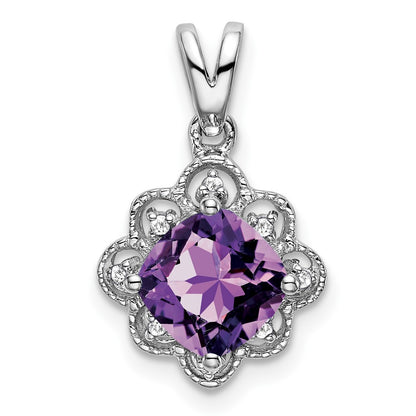 14k White Gold Amethyst and Real Diamond Scalloped Pendant