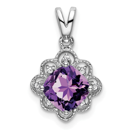 14k White Gold Amethyst and Real Diamond Scalloped Pendant