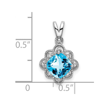 14k White Gold Blue Topaz and Real Diamond Scalloped Pendant