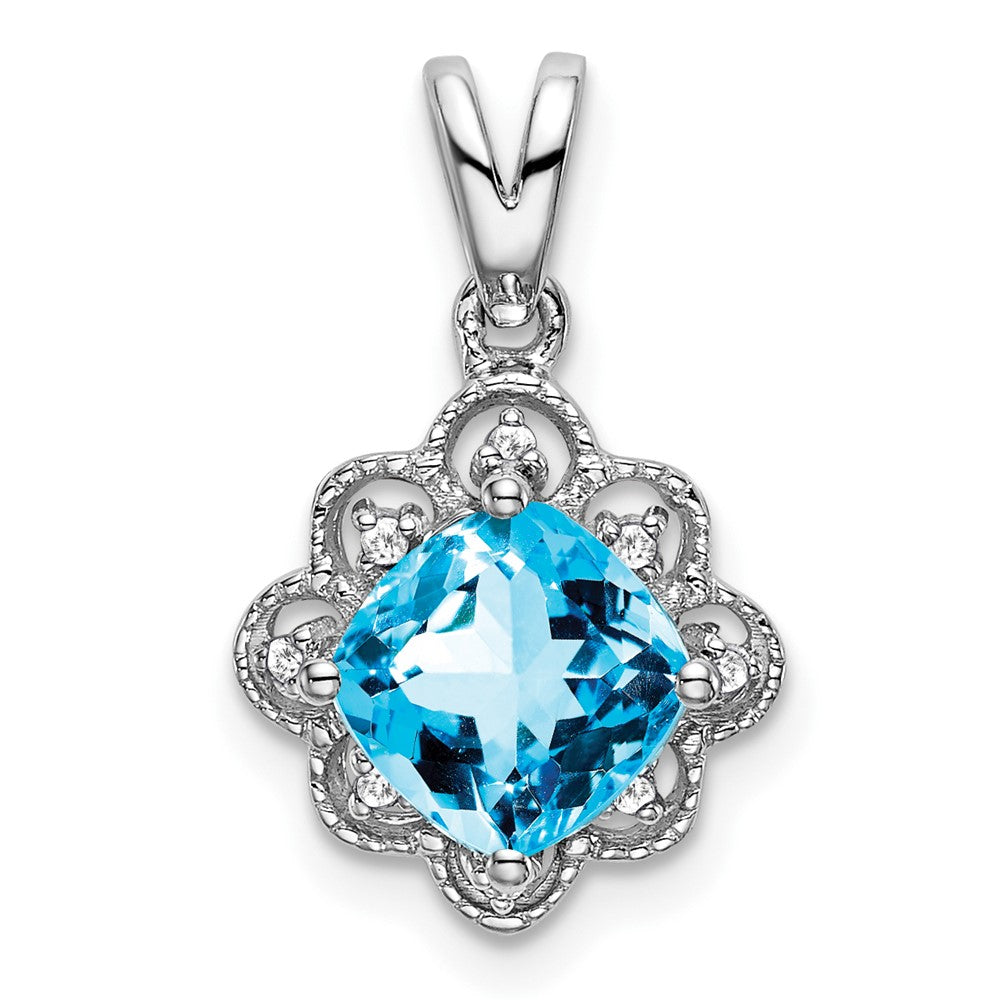 14k White Gold Blue Topaz and Real Diamond Scalloped Pendant