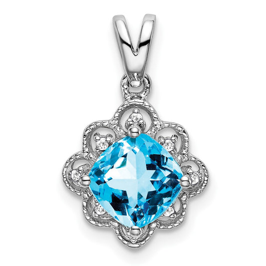 14k White Gold Blue Topaz and Real Diamond Scalloped Pendant