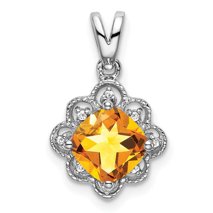 14k White Gold Citrine and Real Diamond Scalloped Pendant
