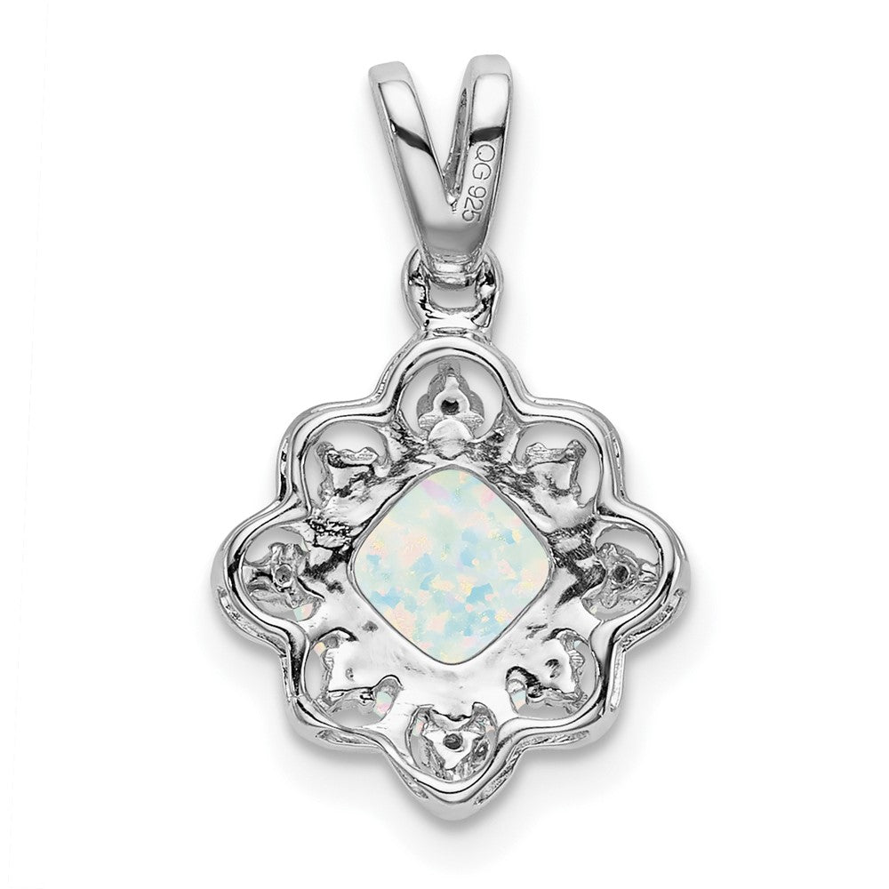 14k White Gold Created Opal and Real Diamond Scalloped Pendant