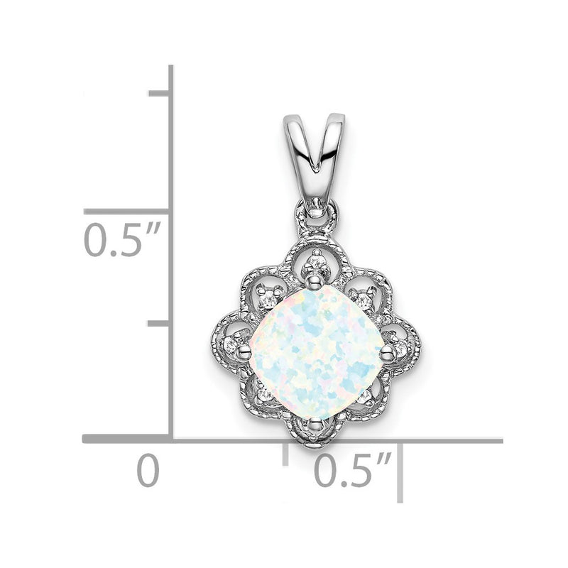 14k White Gold Created Opal and Real Diamond Scalloped Pendant