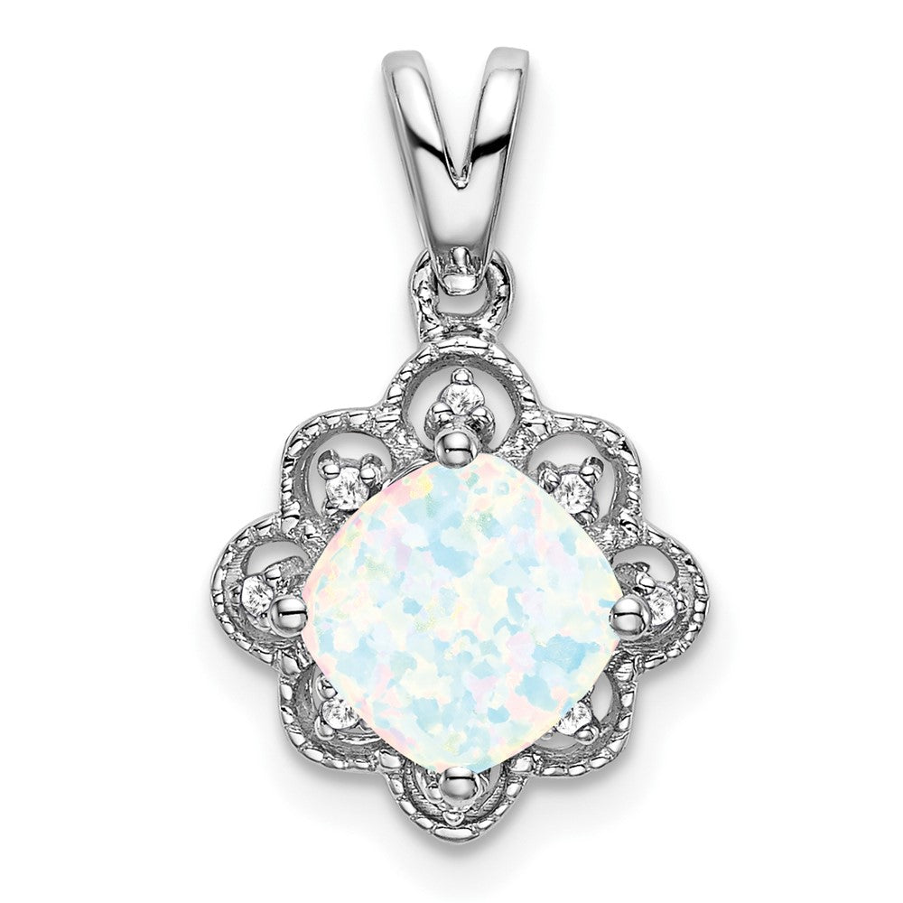 14k White Gold Created Opal and Real Diamond Scalloped Pendant