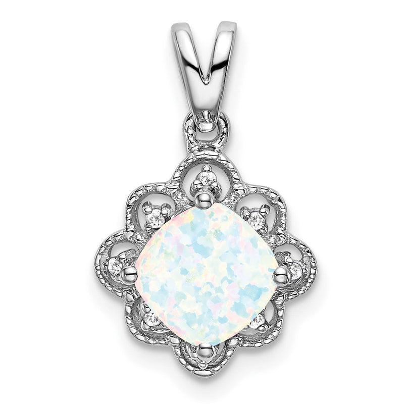 14k White Gold Created Opal and Real Diamond Scalloped Pendant