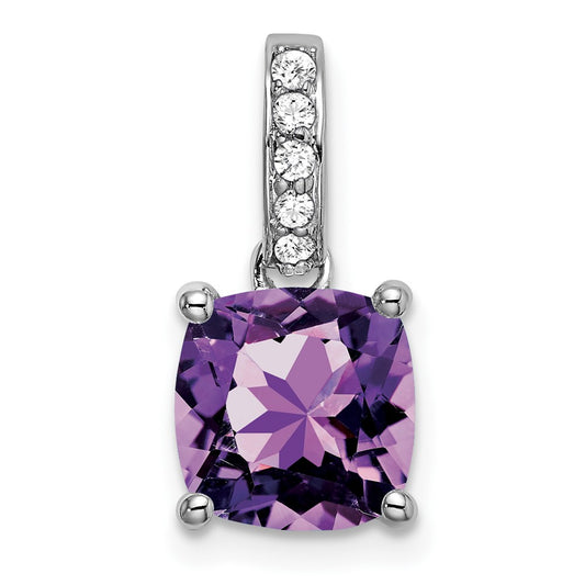14k White Gold Cushion Amethyst and Real Diamond Pendant