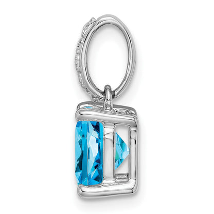 14k White Gold Cushion Blue Topaz and Real Diamond Pendant