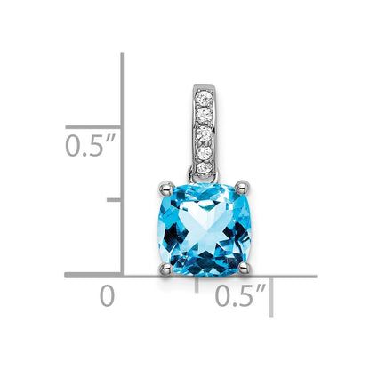 14k White Gold Cushion Blue Topaz and Real Diamond Pendant