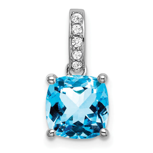 Solid 14k White Gold Cushion Simulated Blue Topaz and CZ Pendant