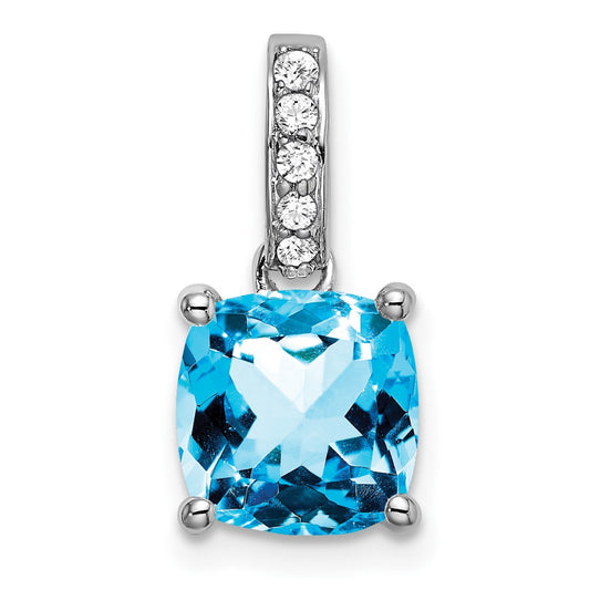 14k White Gold Cushion Blue Topaz and Real Diamond Pendant