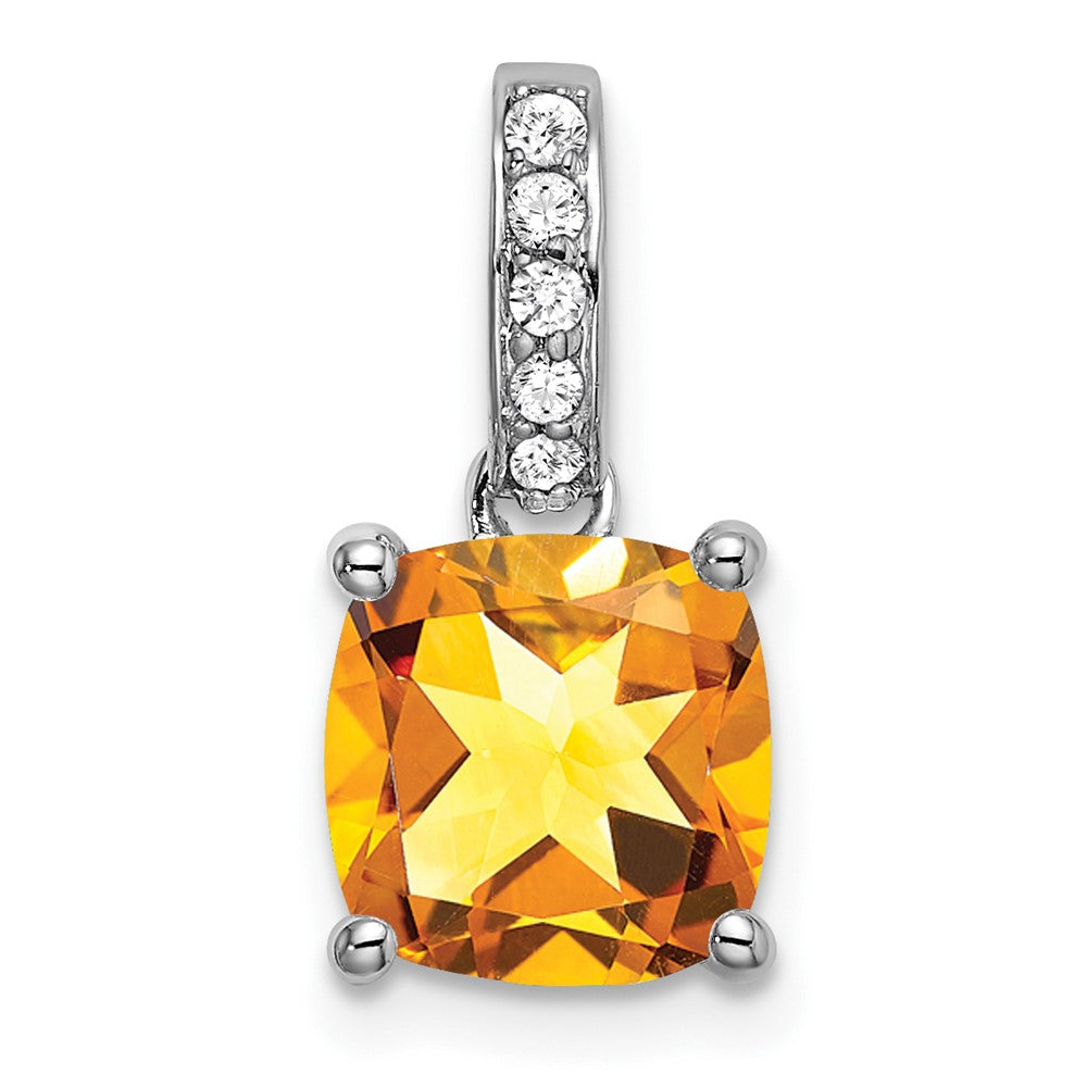 14k White Gold Cushion Citrine and Real Diamond Pendant