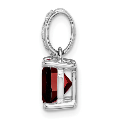 14k White Gold Cushion Garnet and Real Diamond Pendant