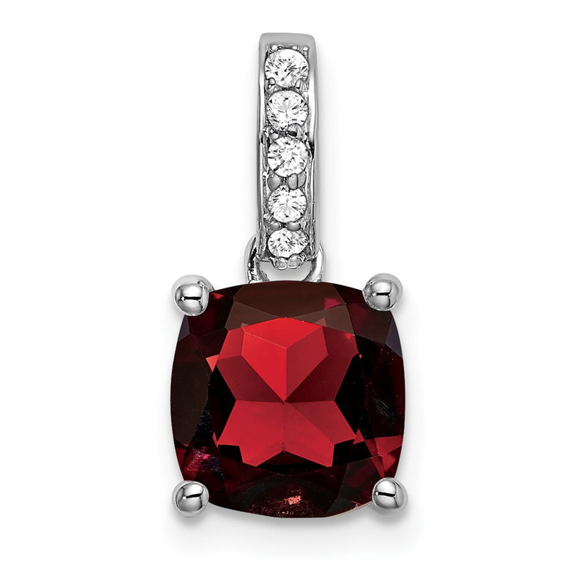 14k White Gold Cushion Garnet and Real Diamond Pendant