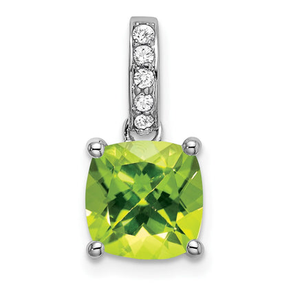 14k White Gold Cushion Peridot and Real Diamond Pendant