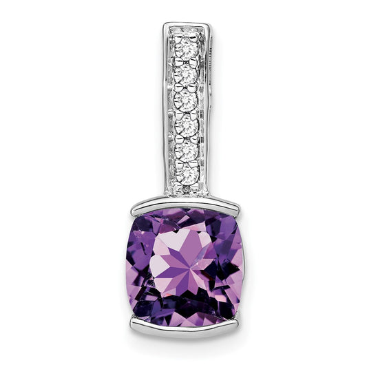 14k White Gold Cushion Amethyst and Real Diamond Pendant
