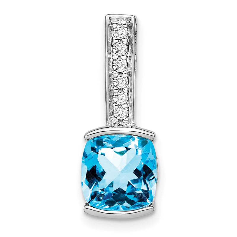 14k White Gold Cushion Blue Topaz and Real Diamond Pendant