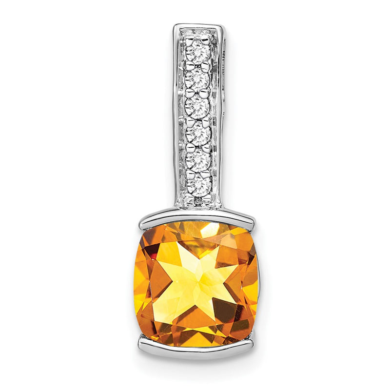 14k White Gold Cushion Citrine and Real Diamond Pendant