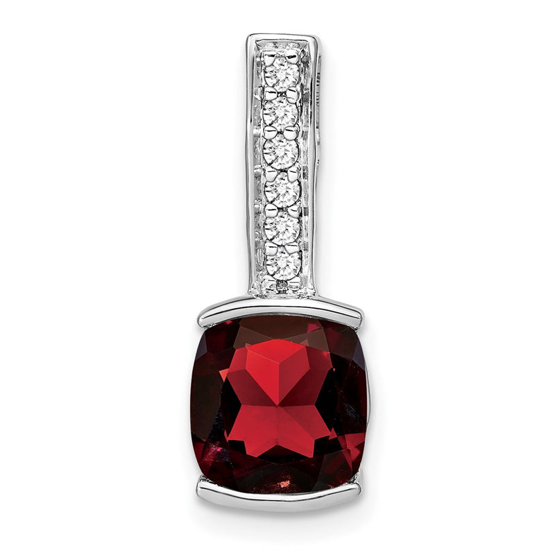 14k White Gold Cushion Garnet and Real Diamond Pendant